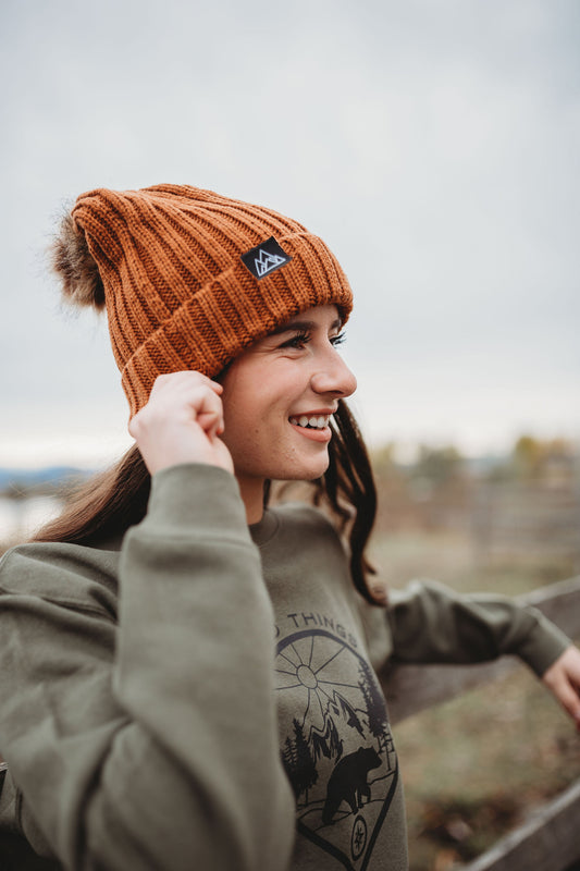 Knitted Pom Pom Beanie: Cinnamon